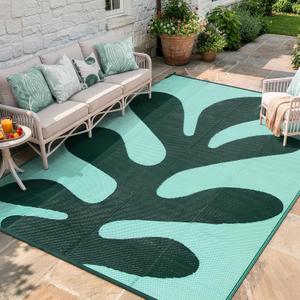 Wonnitar Abstract Outdoor Rug 9x12, Modern Coral Waterproof Reversible Plastic Straw Rug for Patio, Foldable Lightweight Outside Carpet for Deck, Balcony, RV, Beach, Green