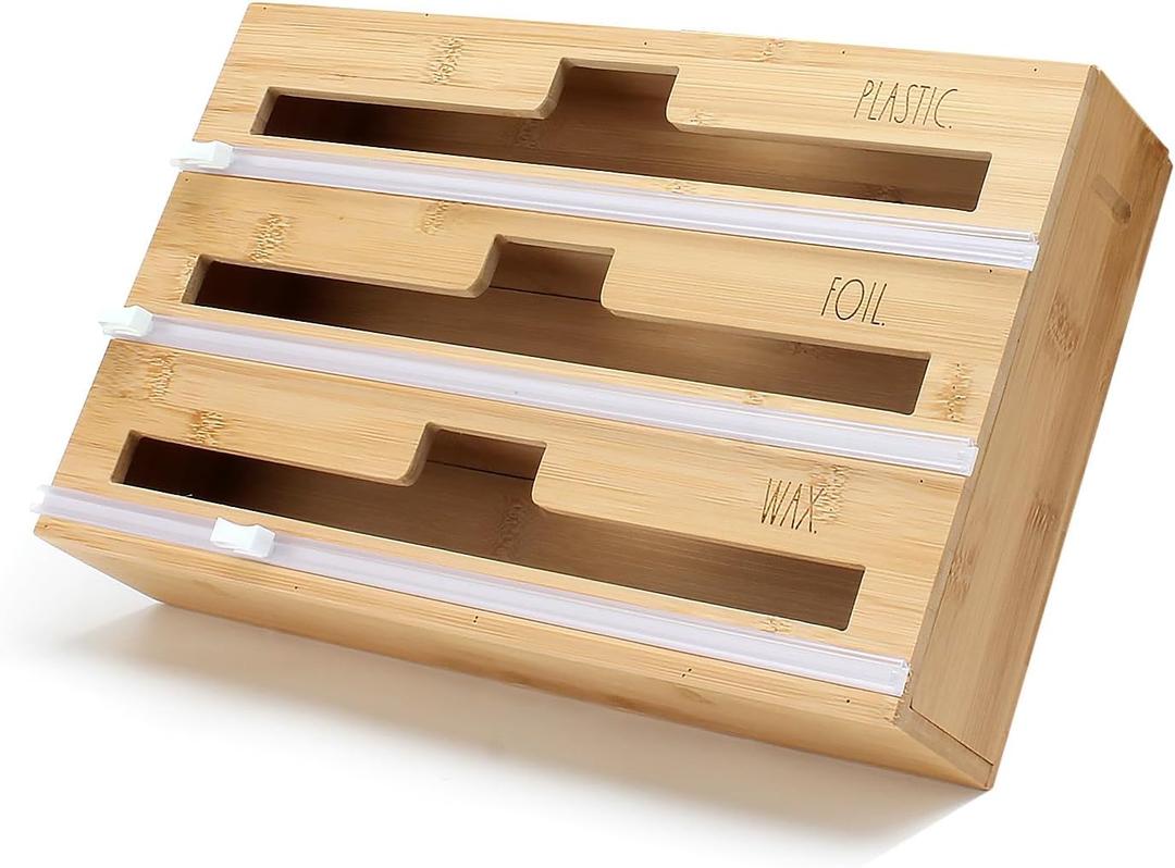 Rae Dunn Bamboo Bag Organizer for Kitchen Drawer - Durable Wood Organizer for Kitchen Storage - Holds Gallon, Quart, Snack, Sandwich Size Baggies, Plastic Wrap and Foil