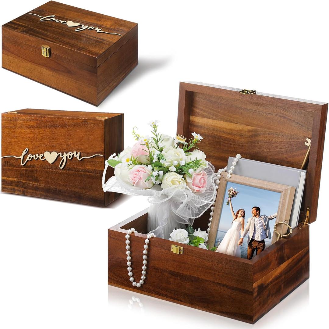 Threehoney Large Wooden Wedding Keepsake Box with Lids 12 x 9 x 5.5 Inch, Wedding Memory Storage Box Engagement Gifts for Couples Newlyweds Bridal Shower Couple Gifts(Love)