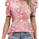 LOMON Spring Summer Tops for Women 2026 V Neck Puff Short Sleeve Tops Fashion Trendy Work Blouses Dressy Casual S-XXL (L)