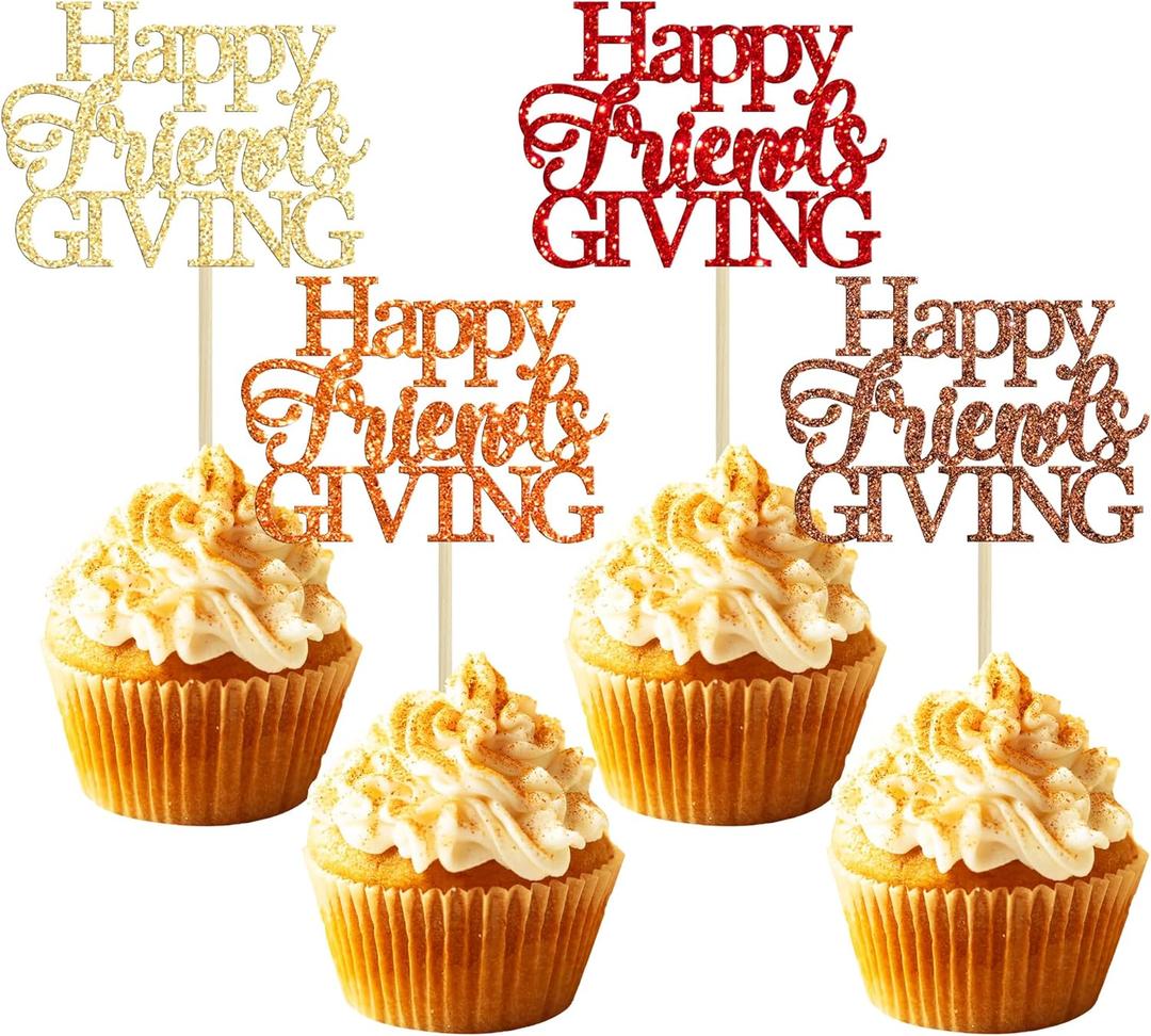 Gyufise 24Pcs Happy Friendsgiving Cupcake Toppers Glitter Fall Theme Thanksgiving Cupcake Picks Give Thanks Cake Decorations for Happy Thanksgiving Day Theme Birthday Party Supplies Multi