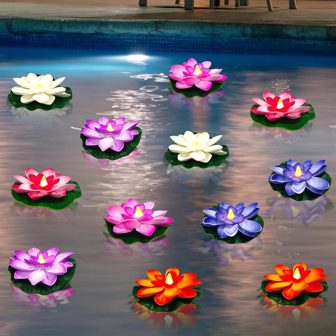 6 Pack Floating Lotus Tea Lights - 4 Inch LED Candles Waterproof Flameless Lotus Tea Lights with Water Lily Pad,for Pool,Bath,Wedding,Party Decor - Floating Color Changing Lotu Flower Pool Lights (6)