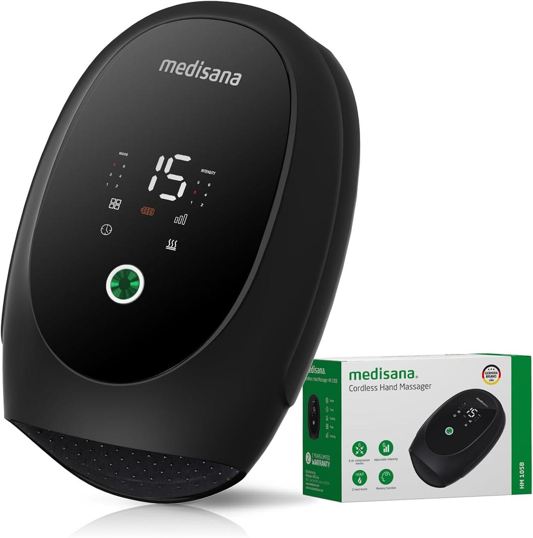 Medisana Hand Massager for Arthritis and Carpal Tunnel, 6 Modes 6 Intensities Hand Massager with Heat and Compression, Large LCD Display Full Hand & Wrist Massager,Mother's Day for Mom/Grandma/Wife, Black
