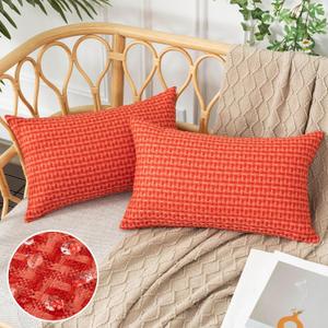 UGASA Outdoor Waterproof Pillow Covers Pack of 2 Weaving Texture Water Resistant Outside Decorative Pillow Cases for Patio Garden Porch Yard Bench Tent 12x20 Inch, Red