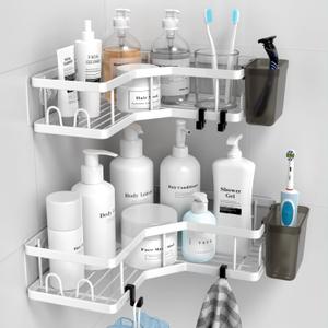Shower Caddy Corner Organizer Shelf: 2Pack Adhesive Shower Shelf Essentials Accessories - No Drilling Stainless Steel Bathroom Storage Rack with Hooks and Toothpaste Holder (9.6"9.6"2.6", white)
