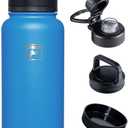 Fanhaw 32 oz Insulated Water Bottle  Portable Stainless Steel Flask with 3 Lids (Straw, Spout, Carabiner) | Leakproof, for Gym, Hiking, Work, Travel & Everyday Use (Sky Blue)