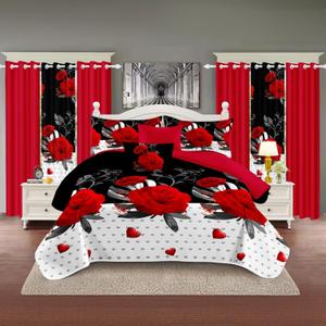 9 pcs Queen Bed in a Bag with Curtains | Boho Red Rose Bedspread, Pillowcases, Print & Solid Curtains | Microfiber, Silky Soft | Comforter Sets with Matching Curtains | Bedroom & RV Decor (Queen (86"x86"), Style-2)