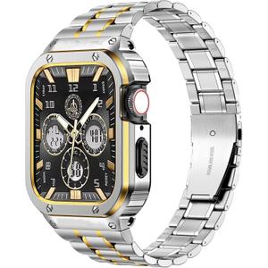 MioHHR Stainless Steel Watch Band with Case Compatible with Apple Watch Ultra3/2/1 Series 11 10 9 8 7 6 5 4 3 2 1 SE3/2/1, Metal Strap with Protective Cover for iWatch 49/46/45/44/42/41/40/38mm Men (Silver&Gold)