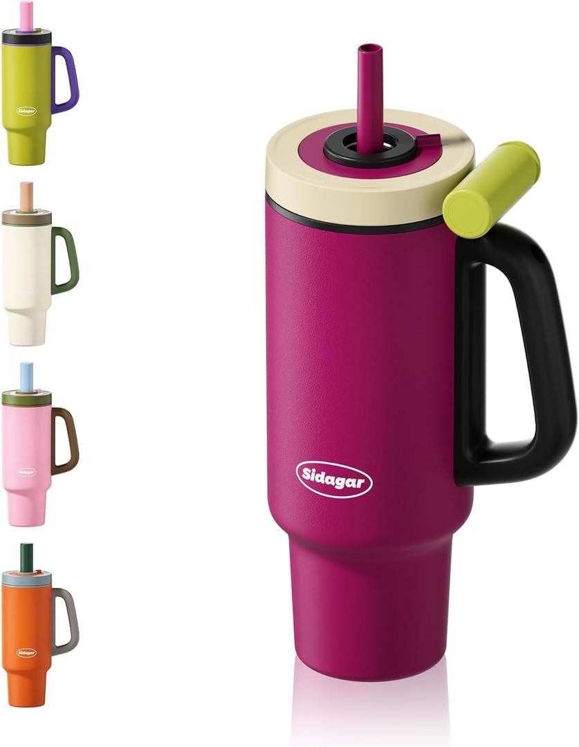 Tumbler with Handle,36 oz Ceramic Lined Travel Mug Water Bottle with Straw,Vacuum Insulated Stainless Steel Cup with Lid,Fits Cup Holder, Leak Resistant Press-in Lid, Purple (Fuchsia Berry Purple)