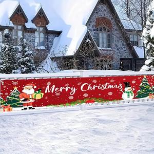 BlissYard Merry Christmas Banner 118x20 Inches Santa Claus Snowman Trees Gifts Snowflakes Design Holiday Wall Hanging Indoor Outdoor Christmas Backdrop Winter Porch Decoration