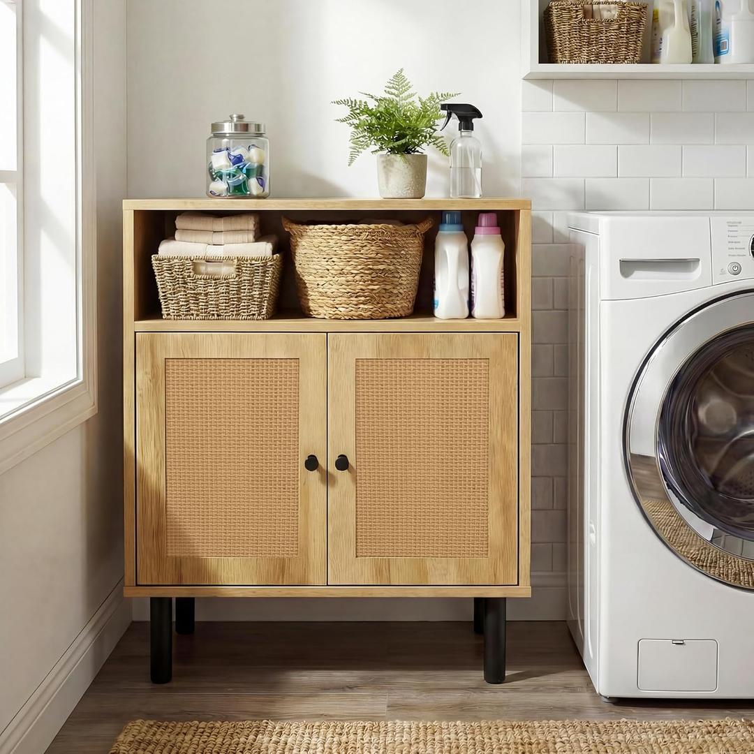 Narrow Storage Cabinet with Rattan Doors, 32" Tall Small Cabinet