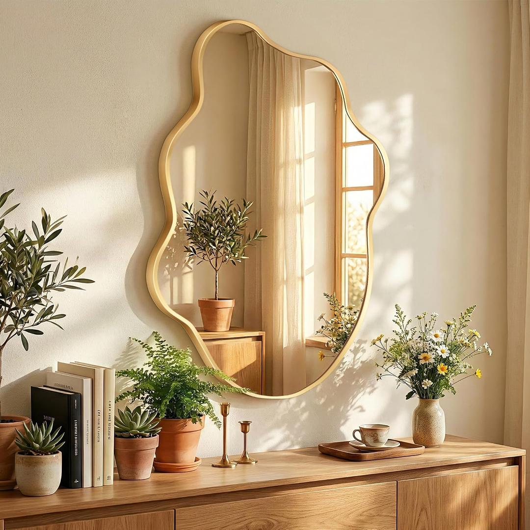 Gold Mirror Irregular Wall Mirror, Asymmetrical Mirror, Irregular Bathroom Mirror, Decorative Wall Mirror, Wavy Abstract Mirror for Bedroom, Bathroom & Hallway (24"x36", 1 Pack)