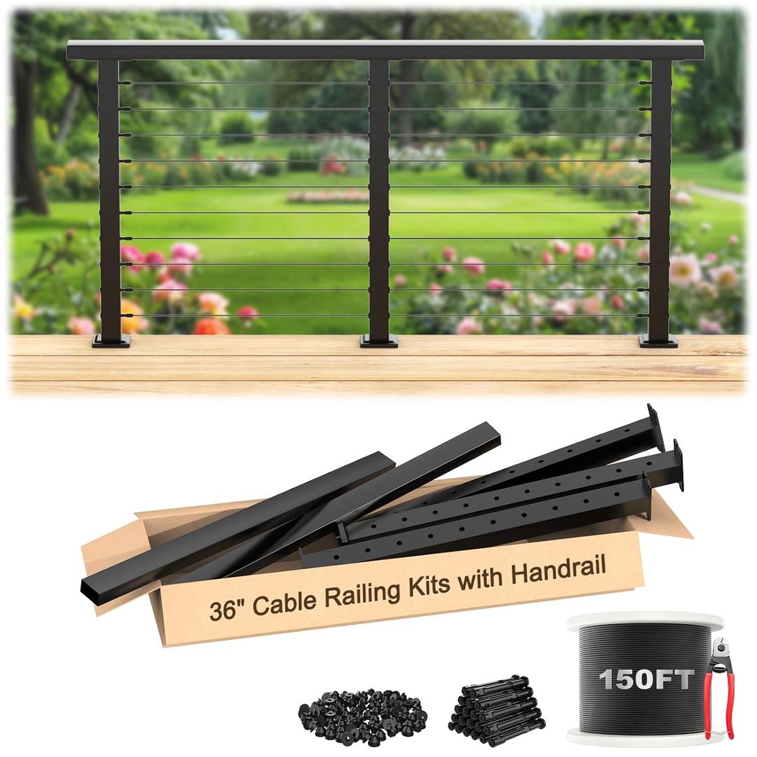 BLIKA 8FT Complete Set 36" Cable Railing Post Kits, Surface Mount Deck Cable Railing System with Handrail & Swageless Tensioner, Pre-Drilled Black Stainless Steel Cable Railing Posts