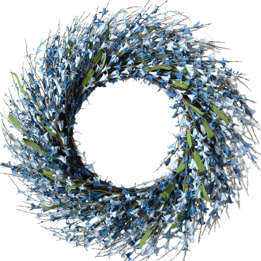 26 Inch Spring Wreaths for Front Door, Large Artificial Forsythia Flowers Wreath, Spring Summer Floral Wreath All Season for Home, Wall, Window, Porch, Wedding, Farmhouse Decor (Blue)