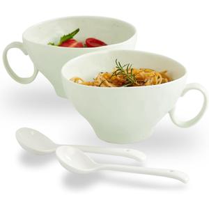 Soup bowls with Handle and Spoons, 17oz Handmade Cereal Bowls Set of 2, Soup Mug with Handle for Ice Cream Snack Oatmeal and Salad, Gift for Housewarming, Microwave Dishwasher Safe - Mint Green