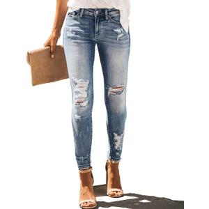 Allimy Women's High Rise Skinny Stretch Ripped Jeans High Waisted Destroyed Denim Pants Size 8 Blue