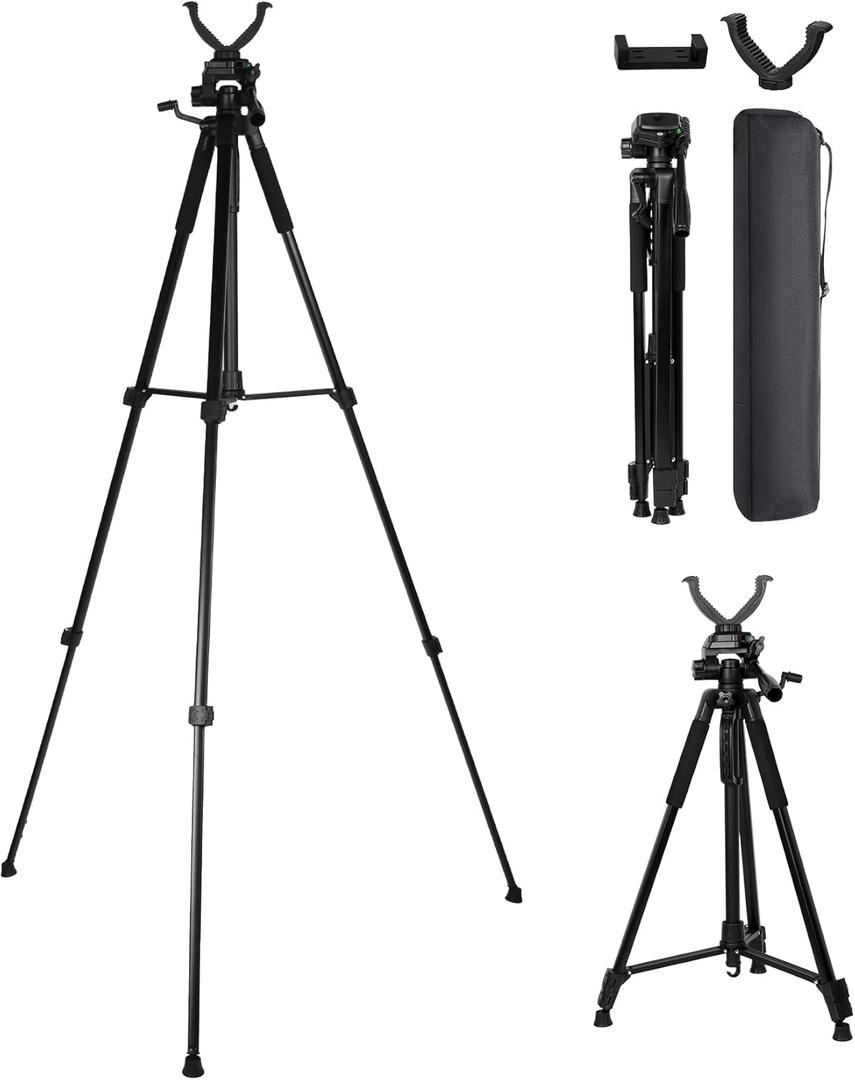 Dreamoon Adjustable Height 66.2" Rifle Shooting Tripod with 360 Rotating V Yoke and Camera Tripod Mount Adapter, Spirit Level, Lightweight Aluminum Stand & Carrying Bag for Hunting Outdoor Activities