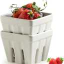 Gomakren Ceramic Berry Basket Set of 2, Square Fruit Bowls with Holes, Rustic Fruit Basket Containers for Kitchen, Berries, Strawberry, Grape, Cherry - Cream White (4.0 Inch)