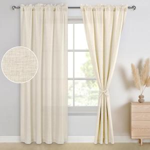 JIUZHEN Champagne Faux Linen Curtains for Bedroom & Living Room, Rod Pocket Thick Linen Semi Sheer 84 Inch Long Light Filtering Curtains & Drapes, Set of 2 Window Panels, 52W x 84L