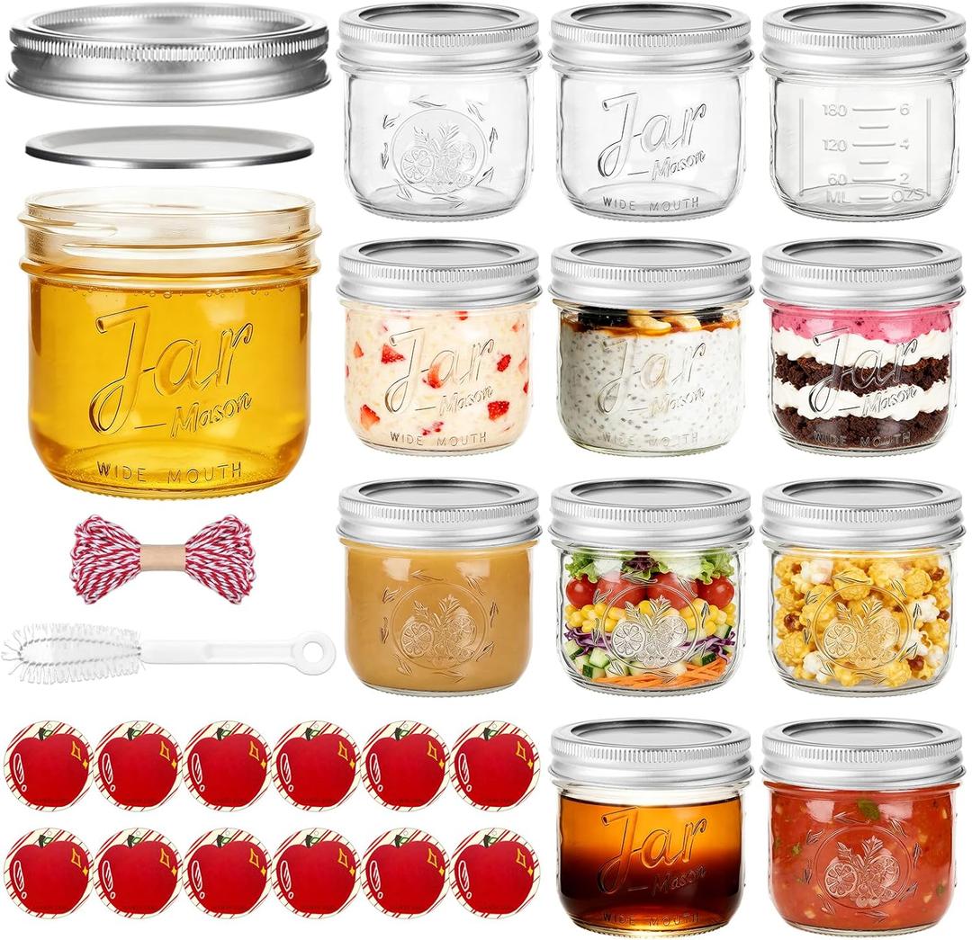 8 oz Wide Mouth Mason Jars with Embossing Pattern&Volume Marks,12 Pack Half Pint Canning Jars with Tags & Brush,Glass Storage Jars with Lids for Yogurt,Overnight Oats,Food Storage,Gift Giving & Crafts