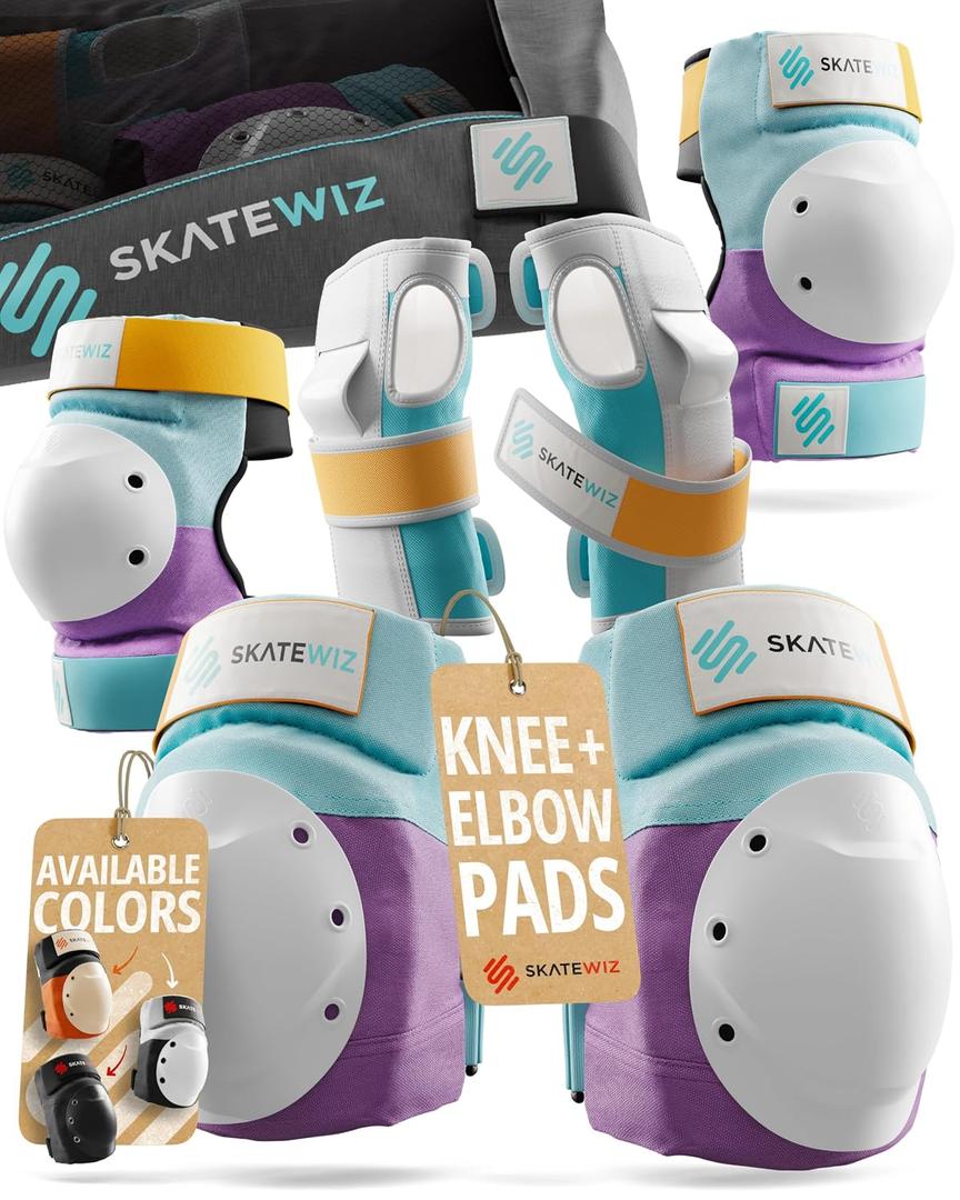 SKATEWIZ Adult Knee Pads, Skate & Skateboarding Wrist Guards for Skating Adult with Elbow Pads - Skateboard Protective Gear - Shield - Size M Lavender Blue - Roller Skates, Inline Skates