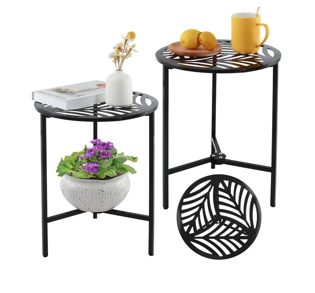 2 Packs 13" Metal Outdoor Side Tables Small Black Outside End Table for Patio Round Accent Garden Corner Stand for Small Spaces Weather-resistant Coffee Table for Balcony Porch Plant Stand