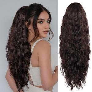LEEONS 26 Inch Drawstring Ponytail Extension, Long Wavy Pony Tails Hair Extensions for Women - Synthetic Hairpiece Ponytail for Daily Use (Dark Brown)