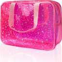 Hot Pink Star Large Cosmetic Bag 12x5x8 inch Travel Pouch with Handle,Durable PVC Material,Zipper Design-Ideal for Makeup,Travel Essentials
