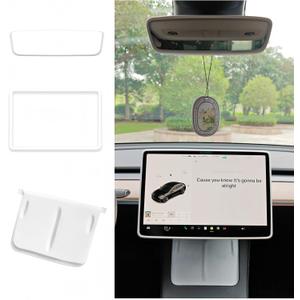 Tesla Model 3 Model Y Accessories of Screen Protector Frame + Center Console Wireless Charging Silicone Pad + Interior Rear View Mirror Cover 3pcs 3in1 (White)