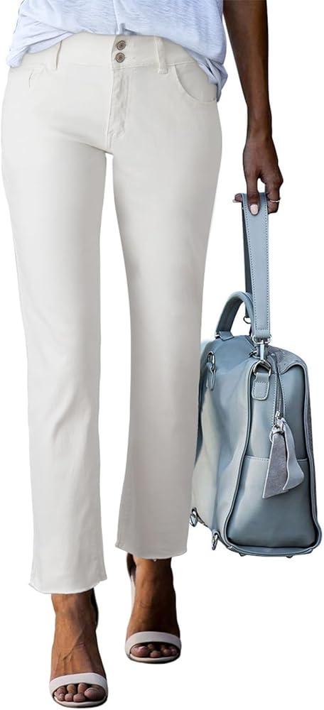 Sidefeel Women's High Waisted Jeans Strechy Fashion Raw Hem Straight Leg Ankle Denim Pants with Pockets Size 12 White