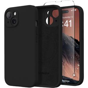 Magnetic for iPhone 15 Case, Compatible with MagSafe, [Screen Protector + Full Camera Protection], Silicone Shockproof Anti-Scratch Protective Phone Case for iPhone 15 6.1", Black