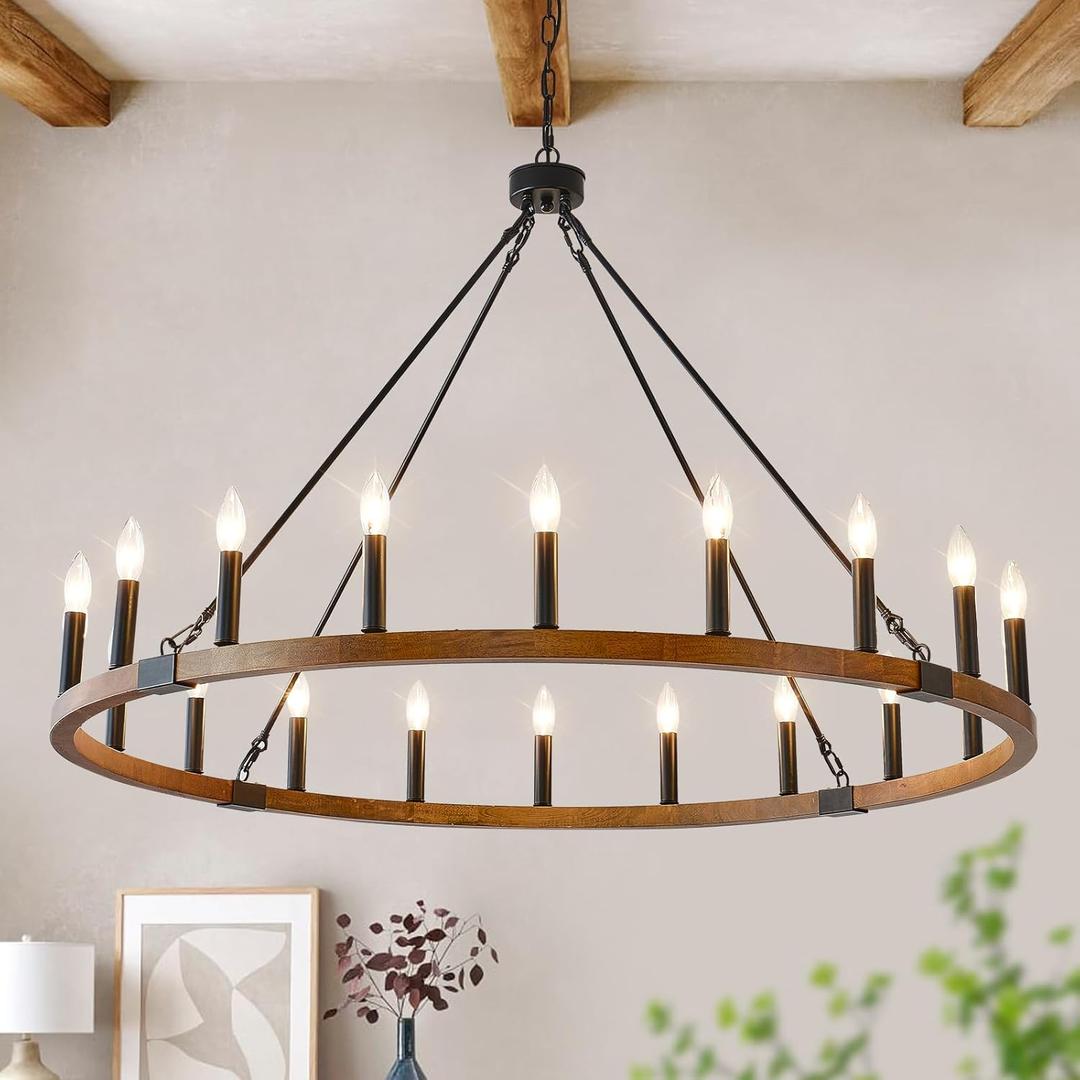HHR 48 Inch Wood Wagon Wheel Chandelier 20-Light, Large Chandeliers for High Ceilings, Farmhouse Chandeliers for Dining Room, Foyer, Living Room, Entryway, Kitchen Island, E12