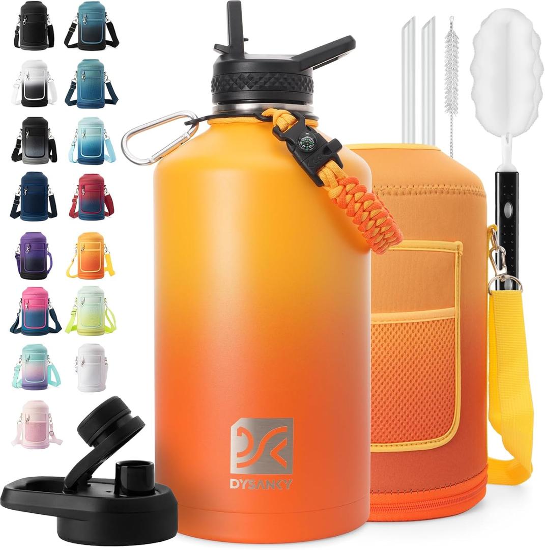 1 Gallon Water Bottle Insulated | Thickened Stainless Steel Vacuum Metal Water Jug | Portable Sports Large for Gym and Hiking with Straw, Carrier Bag, Handle Strap | BPA-Free 128 oz (Gradient Orange)