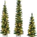 Goplus 3' 4' 5' Pre-Lit Artificial Christmas Tree Set of 3, Slim Pencil Potted Xmas Tree Battery Operated, Metal Bucket, Office Home Decor