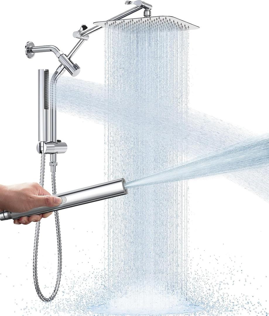 Veken 10" Luxurious All Metal Rain Shower Head with Handheld Spray Combo, High Pressure Rainfall Square Shower Heads with Extention Arm, Wide Dual Showerhead, Bathroom Accessories, Chrome, Silver