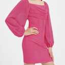 EXARUS Girls Dance Party Formal Dresses Teen Short Long Sleeve Mini Bodycon Ruched Cowl Neck Tween Mesh Tight Pencil Dress Hot Pink 8Y