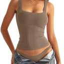 Eachyes Women's Square Neck Seamless Tank Tops Sleeveless Double Layering Shirts Fitted Going Out Tops Summer Outfits 2024, Size M