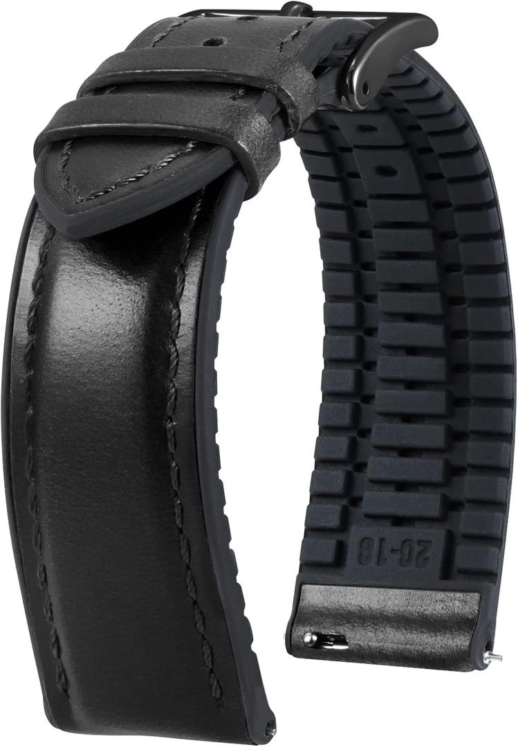 BINLUN Leather Watch Band 22mm Quick Release Premium Oil Wax Leather and Breathable Silicone Hybrid Watch Bands Replacement Strap for Men Women (Black-Black Buckle)
