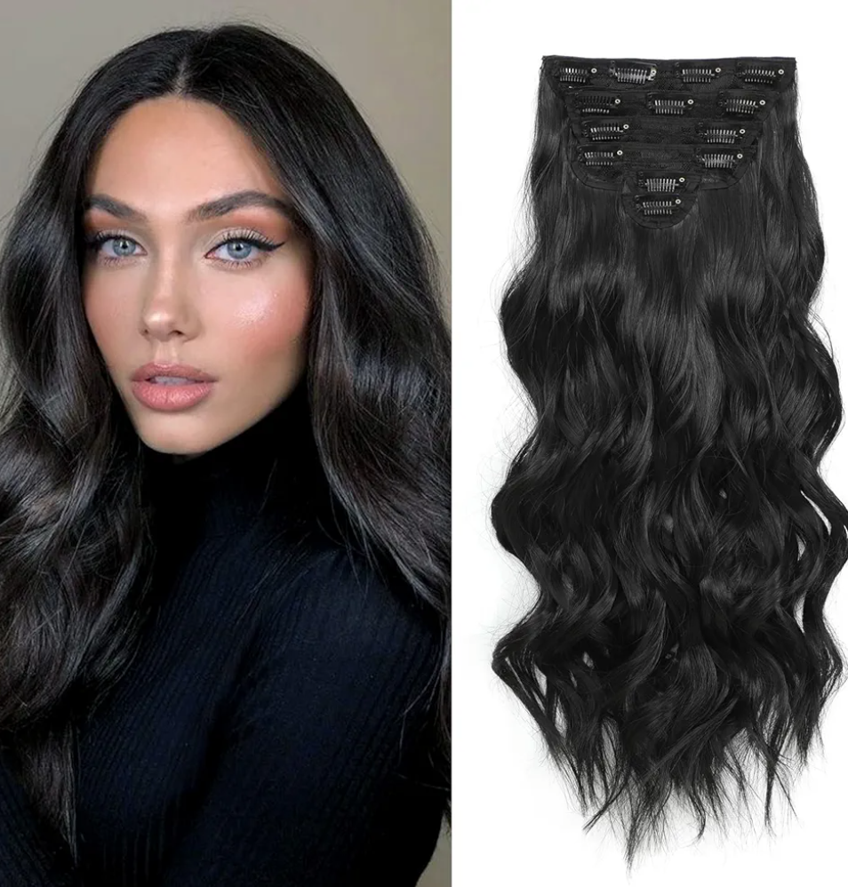 Synthetic Clip in Hair Extensions, 6 PCS 1 6 Inch Hair Extensions Clip Ins, Black Long Wavy Hairpieces(16inch, 6pcs, Black)