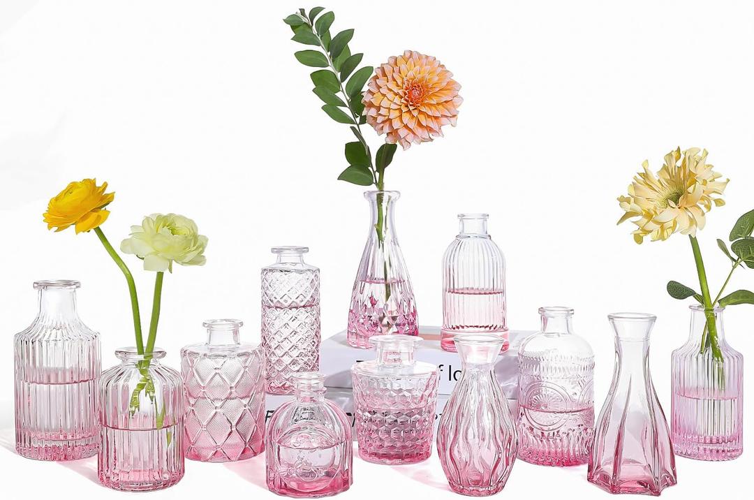 UPBUD Glass Pink Bud Vases Set of 12, Mini Flower Valentine Vase for Centerpieces, Small Vases in Bulk for Wedding Decorations, Vintage Vase for Table, Home Dcor