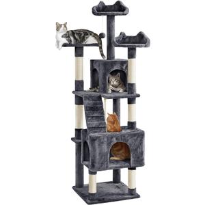 Yaheetech XL Cat Tree, 72in Multi-Level Cat Tower with 2 Cozy Caves, 3 Soft Perches, Scratching Posts, Board, and Dangling Ball, Pet Furniture Play House for Kittens/Cats, Dark Gray