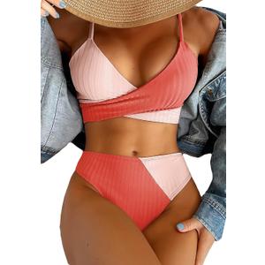 Women's 2 Piece Colorblock High Waisted Wrap Spaghetti Strap Summer Swimsuit Bikini Set (Orange, L)