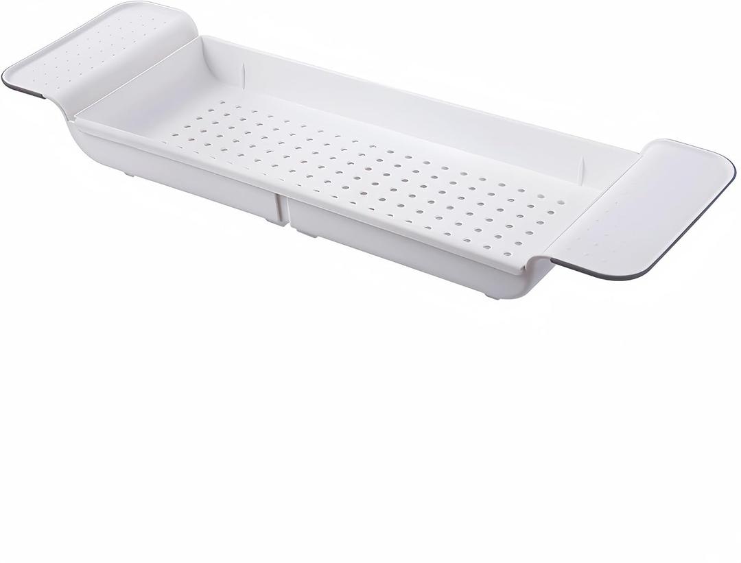 Bathtub Caddy Bath Bridge Tray Caddy Extendable Book Phone Pad Holder Toys Shampoo Soap Storage Bathroom Accessories Dish Drainer White (White)