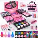 Kids Makeup Sets for Girls, 66pcs Real Cosmetic for Kids Toys with Mirror, Princess Washable Girls Makeup Kit, Non-Toxic & Safe Brithday Gifts for 3 4 5 6 7 8 - 12 Years Old, Pink-Black