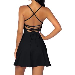 QINSEN Womens Two Pieces Tennis Dress with Shorts Workout Open Back Active Golf Dresses (Small, Black)