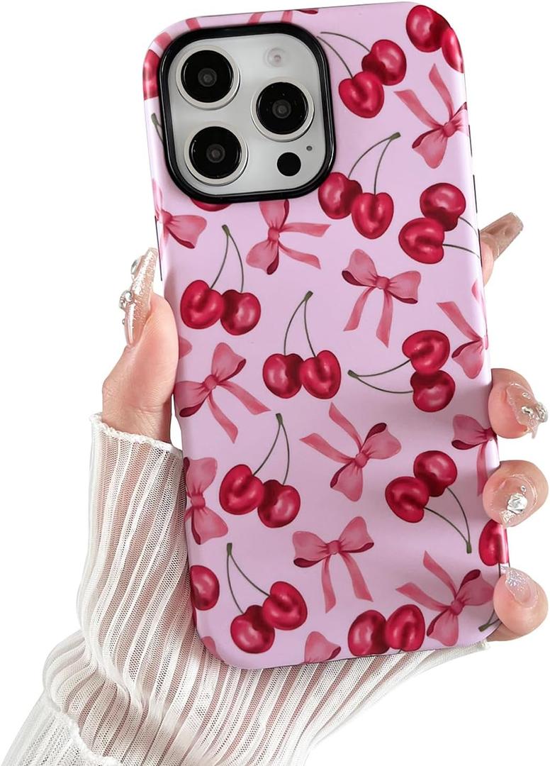 Compatible with iPhone 16 Pro Case,Cute Pink Cherry Bow Pattern with Shockproof Slim Soft TPU and Hard PC Protective Cover for Women Designed for iPhone 16 Pro Case (Frosted)