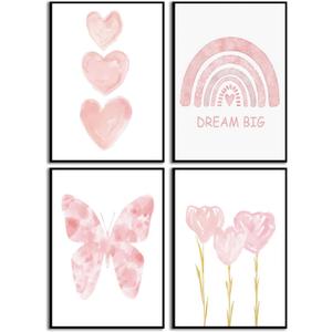 Bezhnio 4Pcs Pink Girl Nursery Wall Art,Toddler Girls Room Dream Big Canvas Posters. Watercolor Butterfly Rainbow Floral Pictures Prints.Artwork for Baby Girl Room Wall Decor 8x10in Unframed