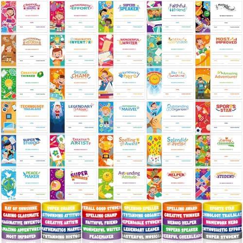 Eaasty 60 Pcs End of School Year Certificates and Wristband Achievement Graduation Recognition Award Star Student Superlatives Certificates for Kid Teacher Classroom