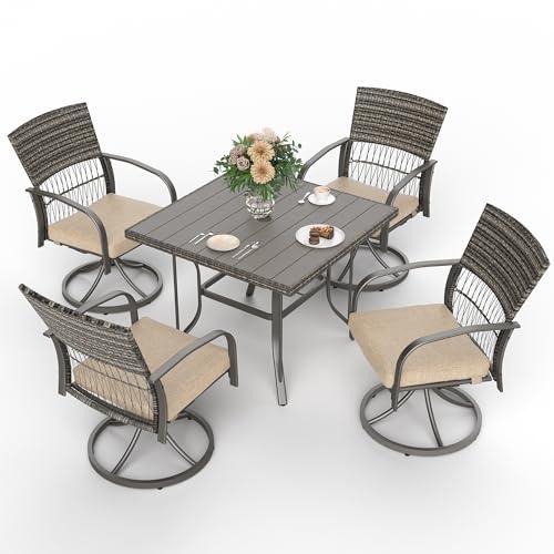 Pamapic 5 Piece Outdoor Furniture Set, Rattan Outdoor Patio Furniture Set for Deck Backyard with Iron Slats Outdoor Dining Table, 4 Swivel Outdoor Dining Chairs and Removable Cushions (Beige)