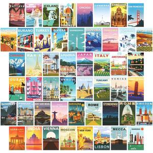 50pcs Vintage Travel Posters Wall Collage Kit Trendy Urban Travel City Aesthetic Wall Decor Retro Popular Cities Poster Postcard for Teens(B)